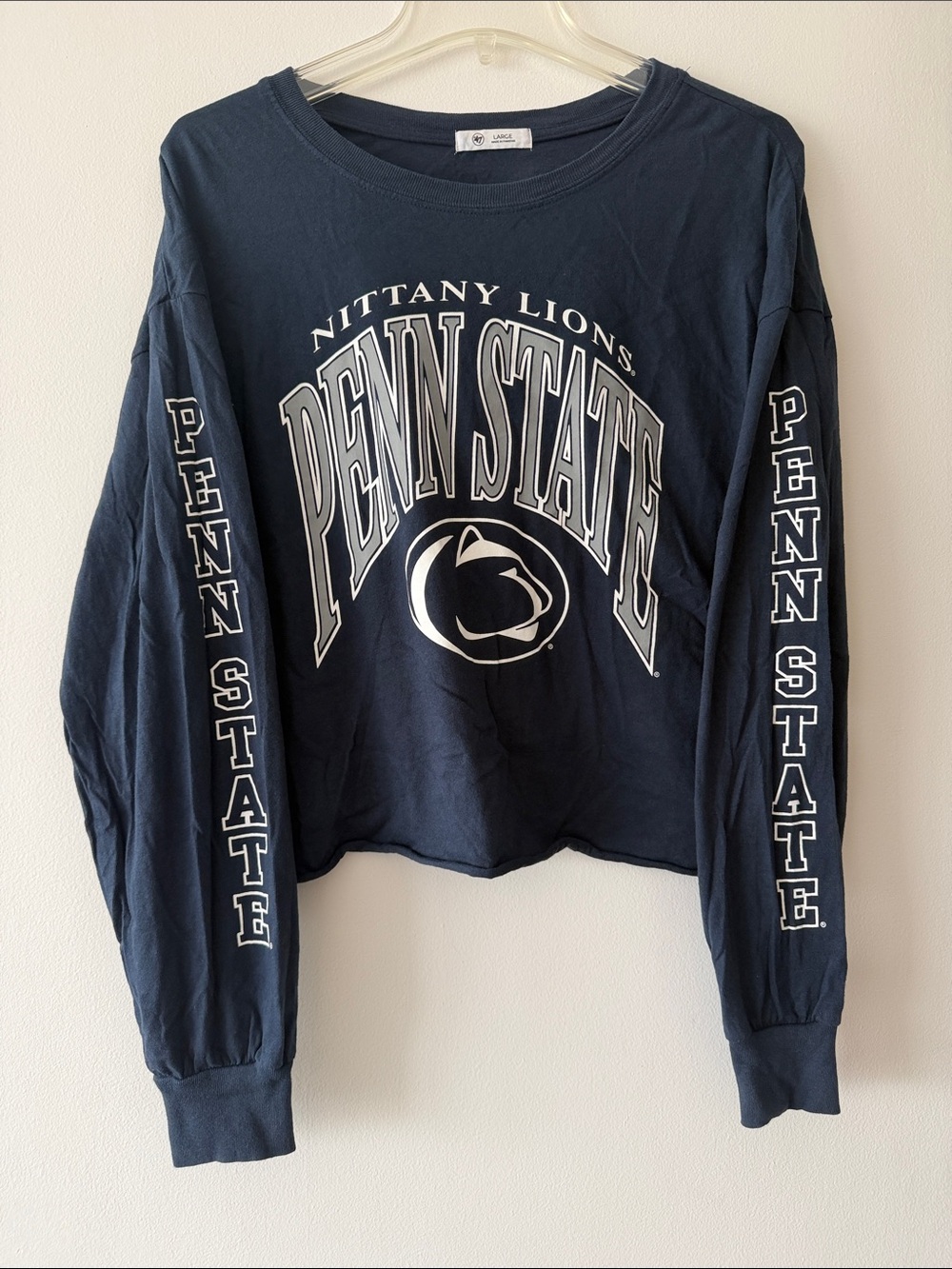 '47 Brand Penn State Nittany Lions Cropped Long Sleeve Graphic Tee Navy Large